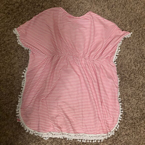 The Original Flap Happy Swimsuit Coverup 5/6 Pink Striped White Pom Pom Trim - Picture 3 of 3